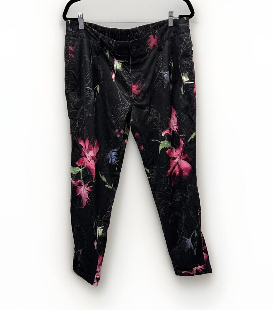 INC International Concepts Womens Pants L Black Pink Floral  Tropical 80s Style