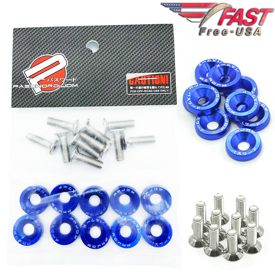 Password JDM BLUE ALUMINUM Fender Washers 10 PC Bumper Bolt Engine Dress Up Kit-image