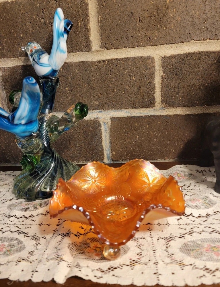 Vintage Three-Stand Marigold Cardinal Candy Dish 5-Inch Glass