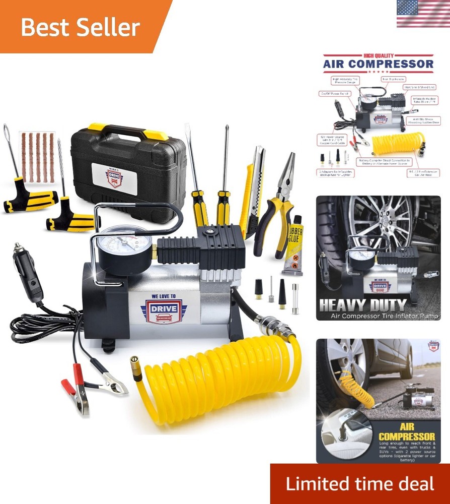 12V Portable Tire Inflator Air Compressor with Repair Kit for Quick Flat Fixes