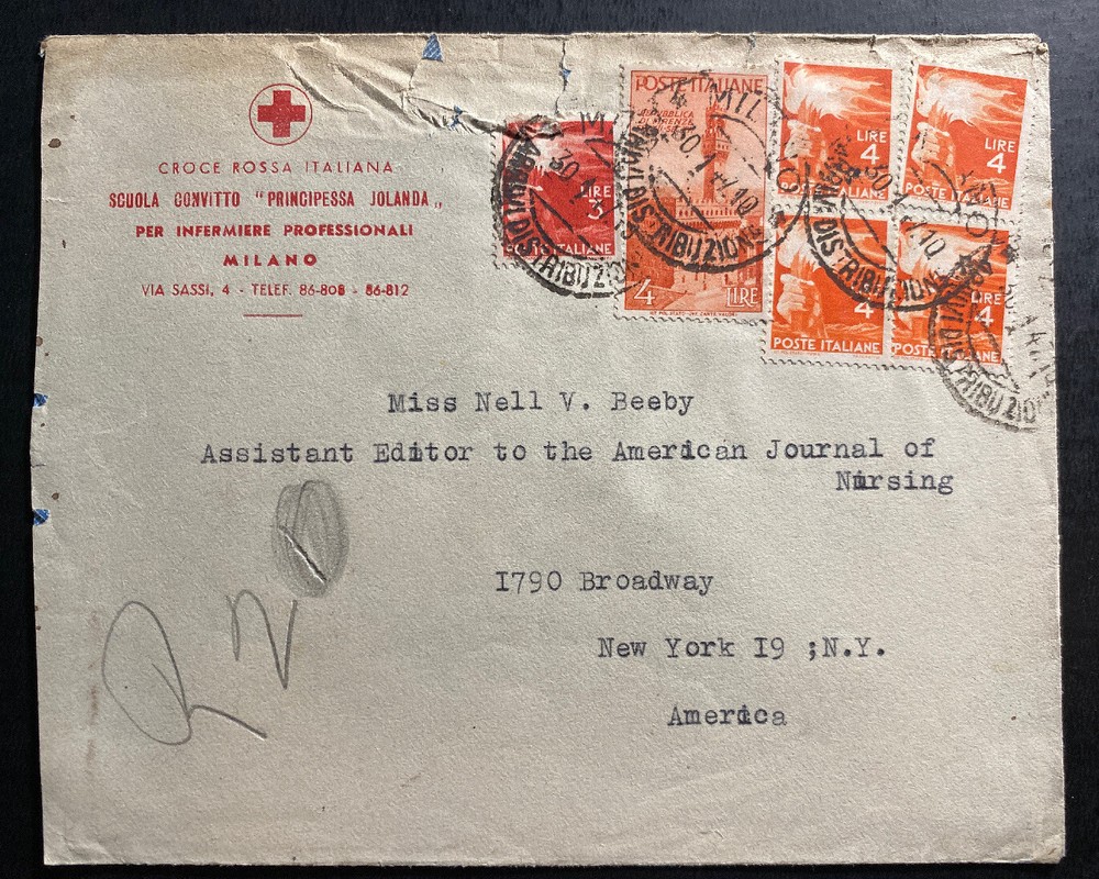 1947 Milano Italy Airmail Red Cross  Cover To Nursing Journal New York USA