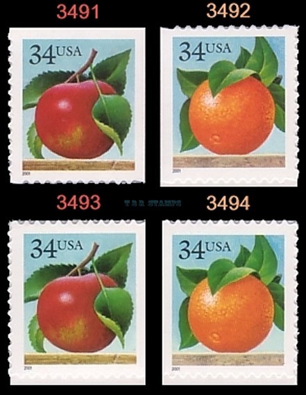3491-92 3492 3493-94 3494 Apple Orange 34c Singles Complete Set 4 MNH - Buy Now-image