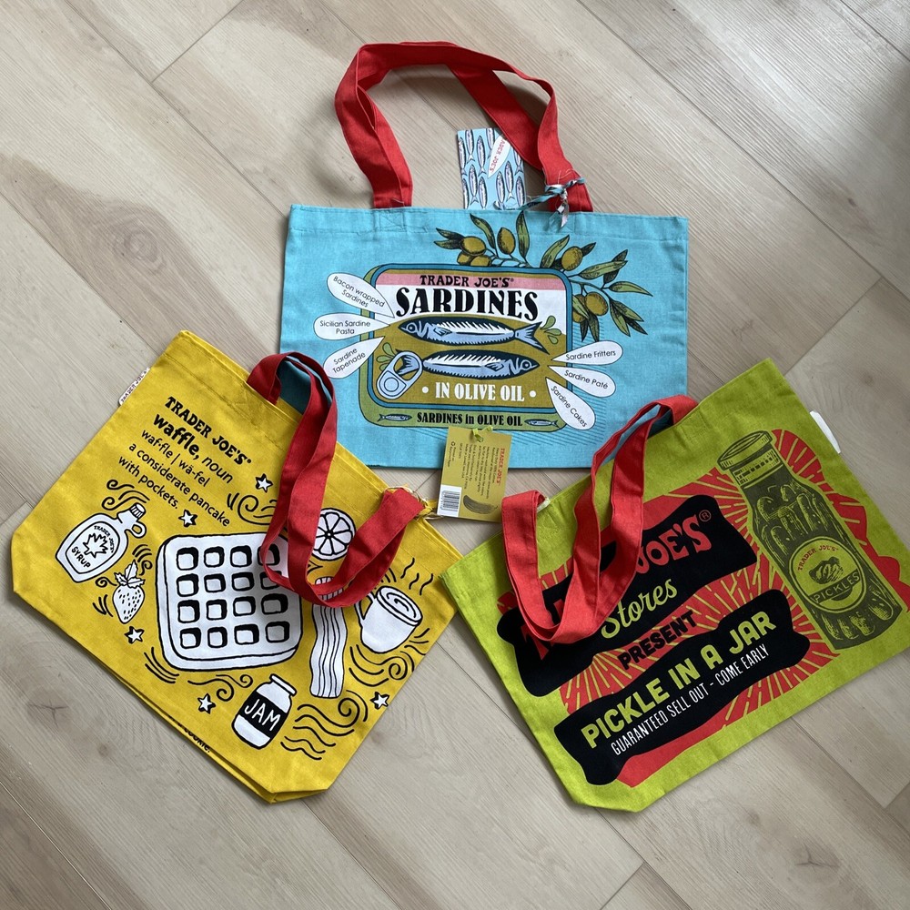 Set Of 3 Trader Joe’s Reusable Canvas Shopping Bag Sardine Pickle Waffle NWT
