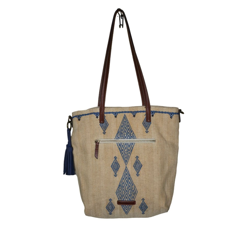 Lucky Brand Linen Cotton Tote Bag Double Leather Straps & Tassels Beaded Detail