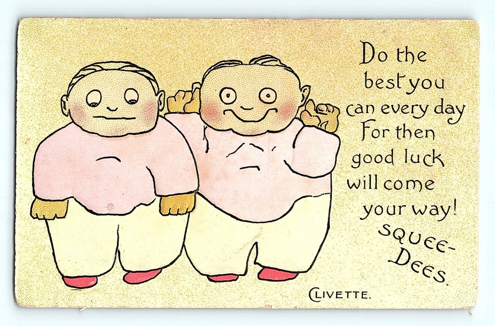 Squee Dees Clivette Artist Signed Cartoon Drawing Good Luck Postcard F1