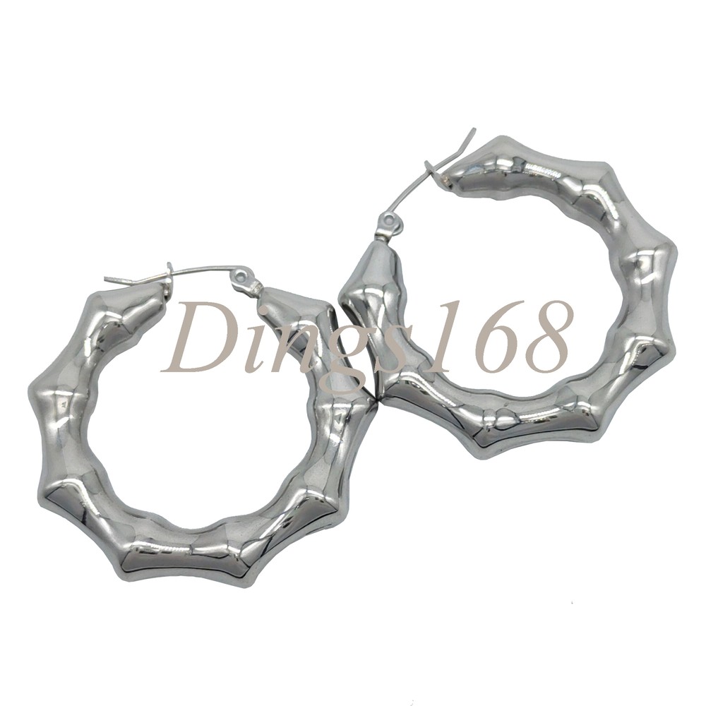 18K White Gold Filled Medium Bamboo Joint Hoop Earrings 1.5 Inch  