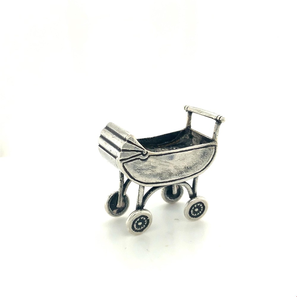 Vintage Sterling Signed 925 Victorian Baby Stroller Crib Pram Miniature Figure