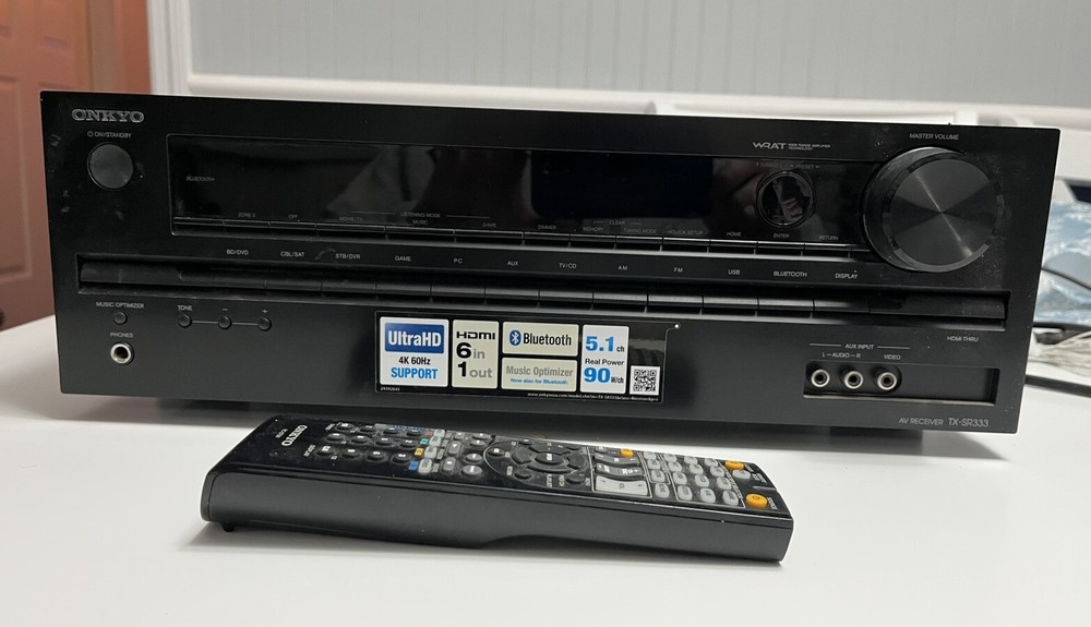 ONKYO TX-SR333 5.1 BLUE TOOTH CHANNEL HOME THEATER A/V RECEIVER BUNDLE W/ REMOTE