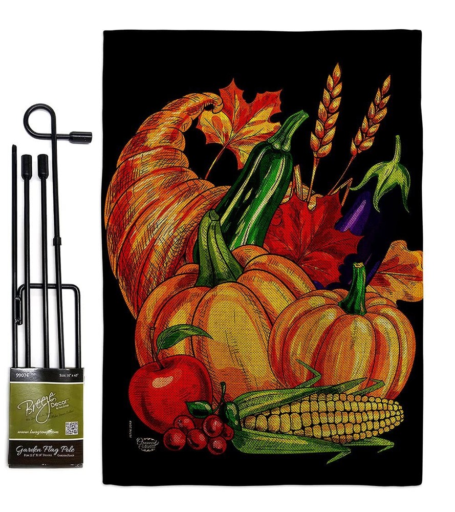 Grateful Cornucopia Burlap Garden Flag Set with Stand Fall Thanksgiving Turke...