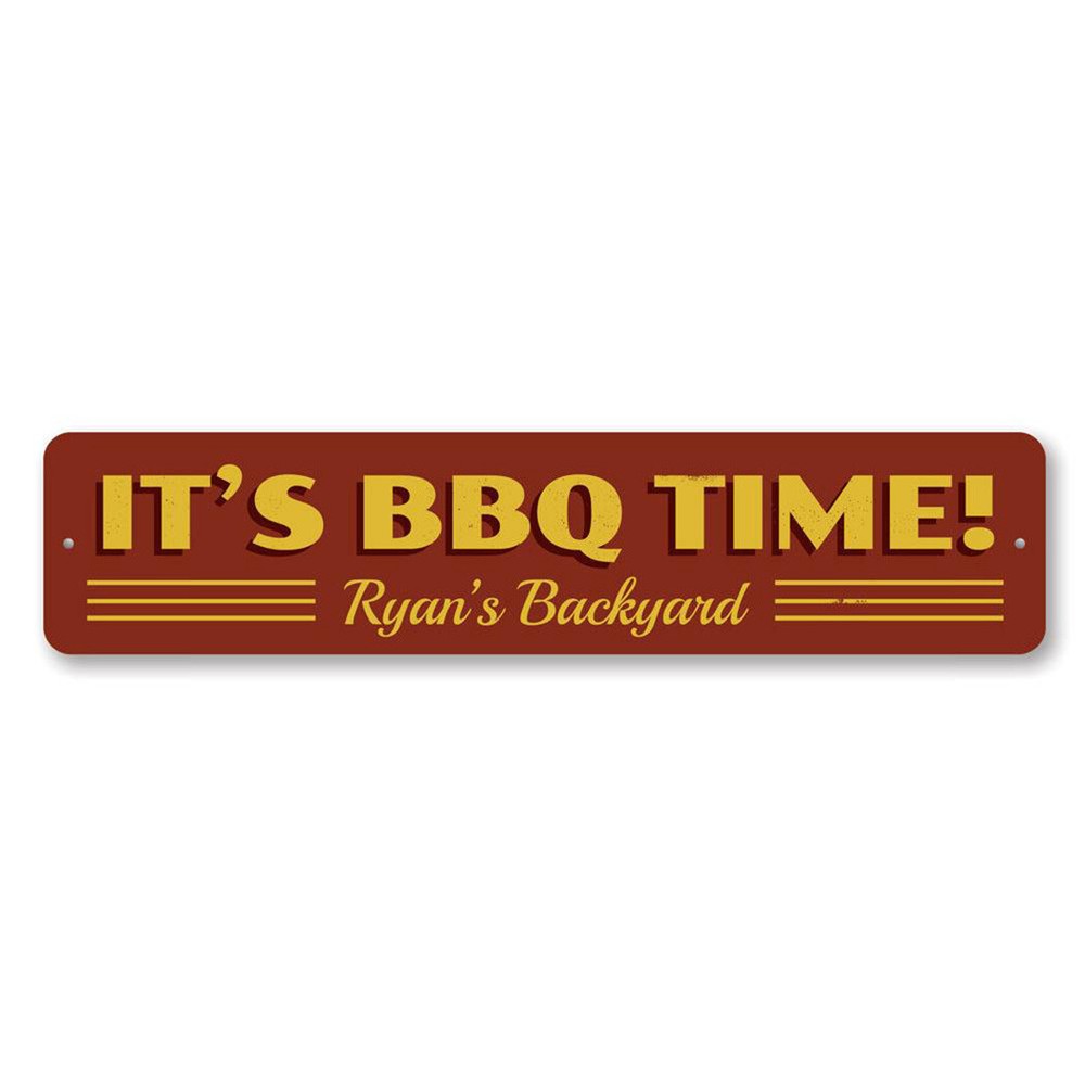 It's BBQ Time Sign, Personalized Backyard Grill Master Name Metal Decor Sign