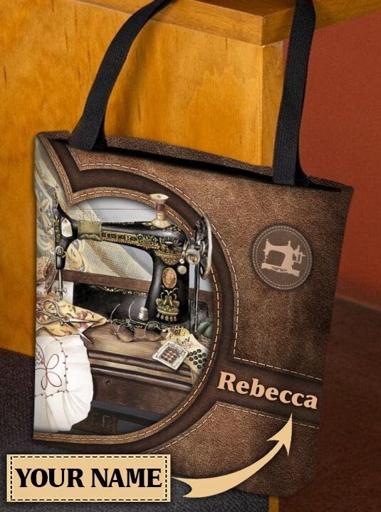 Vintage Sewing Machine Tote Bag - Personalized Tailor Shop Handmade Gift  