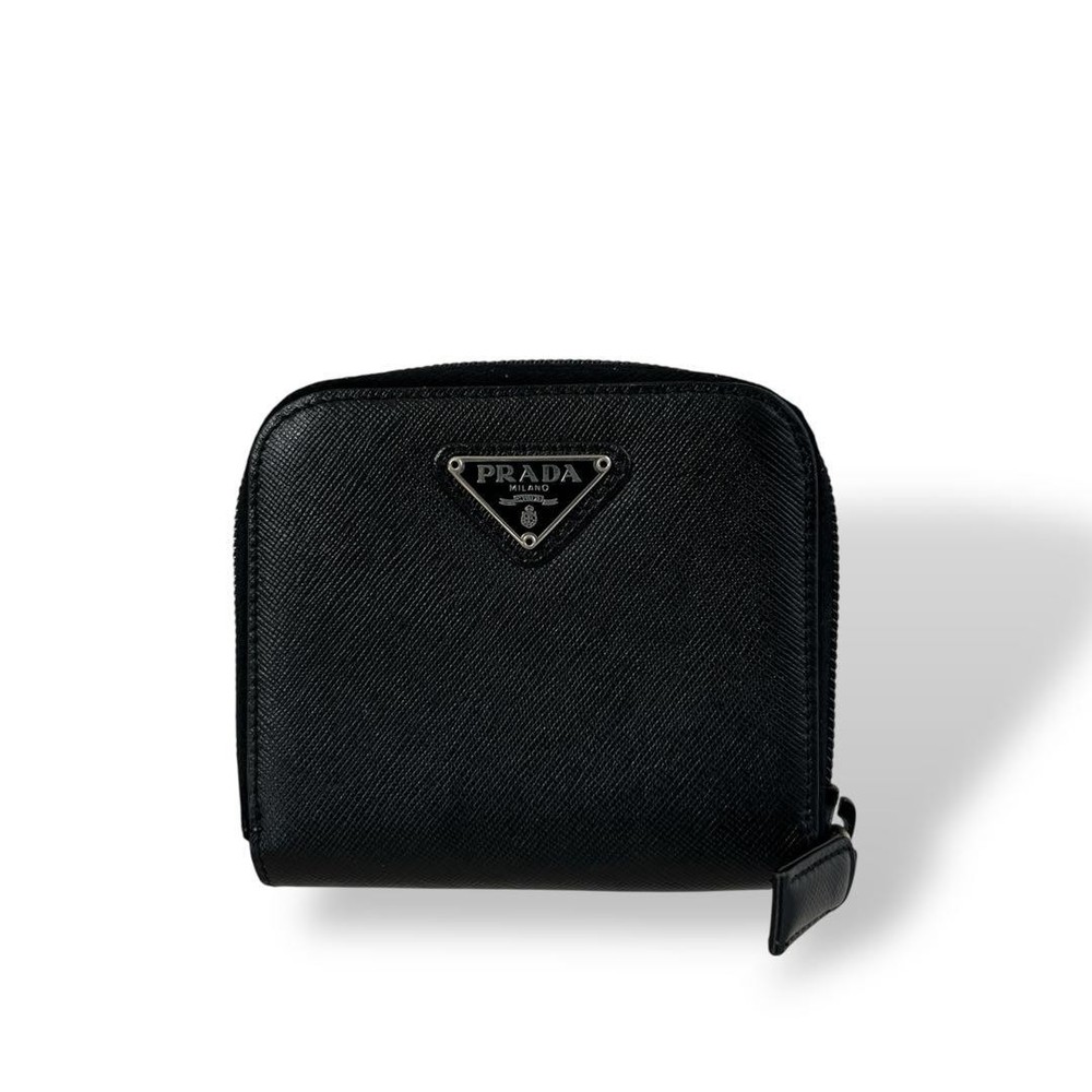 Prada Black Saffiano Leather Bifold Wallet with Triangle Logo and Zipper