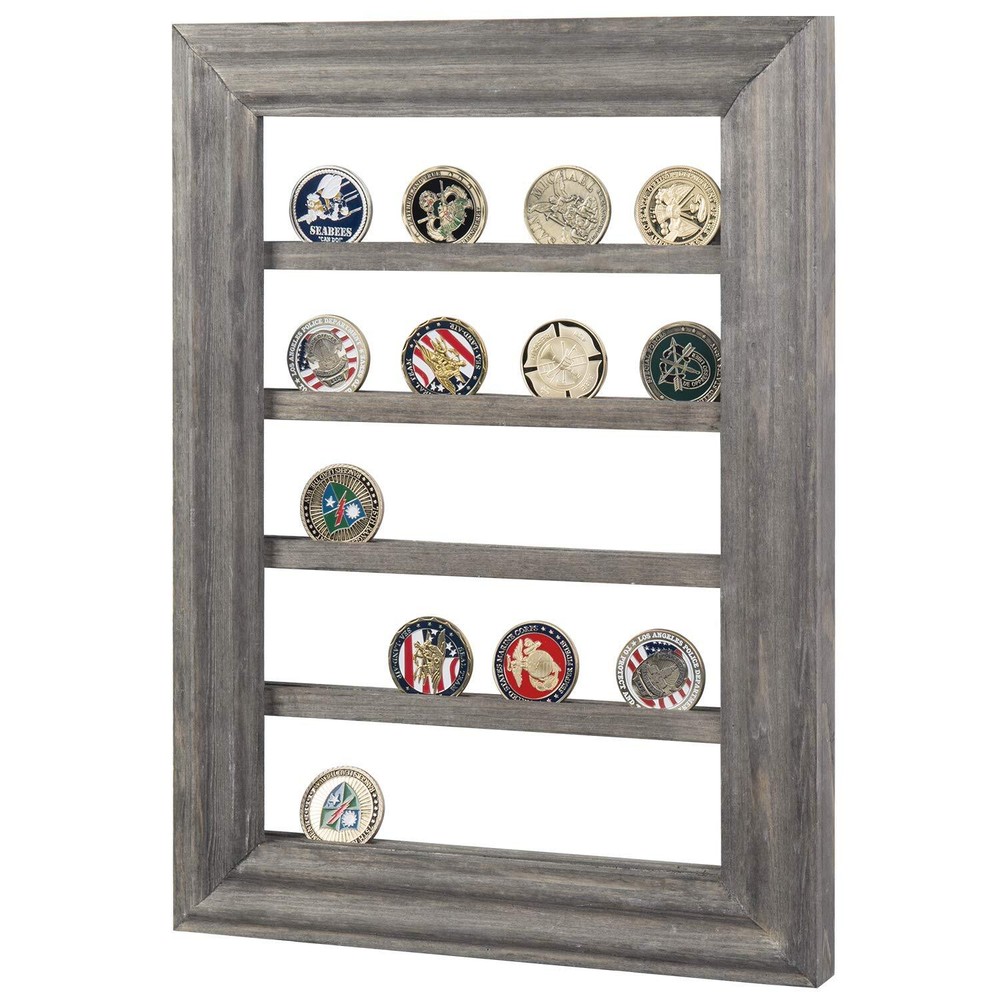5-Tier Wall-Mounted Challenge Coin Holder Display Rack in Vintage Gray Pine Wood