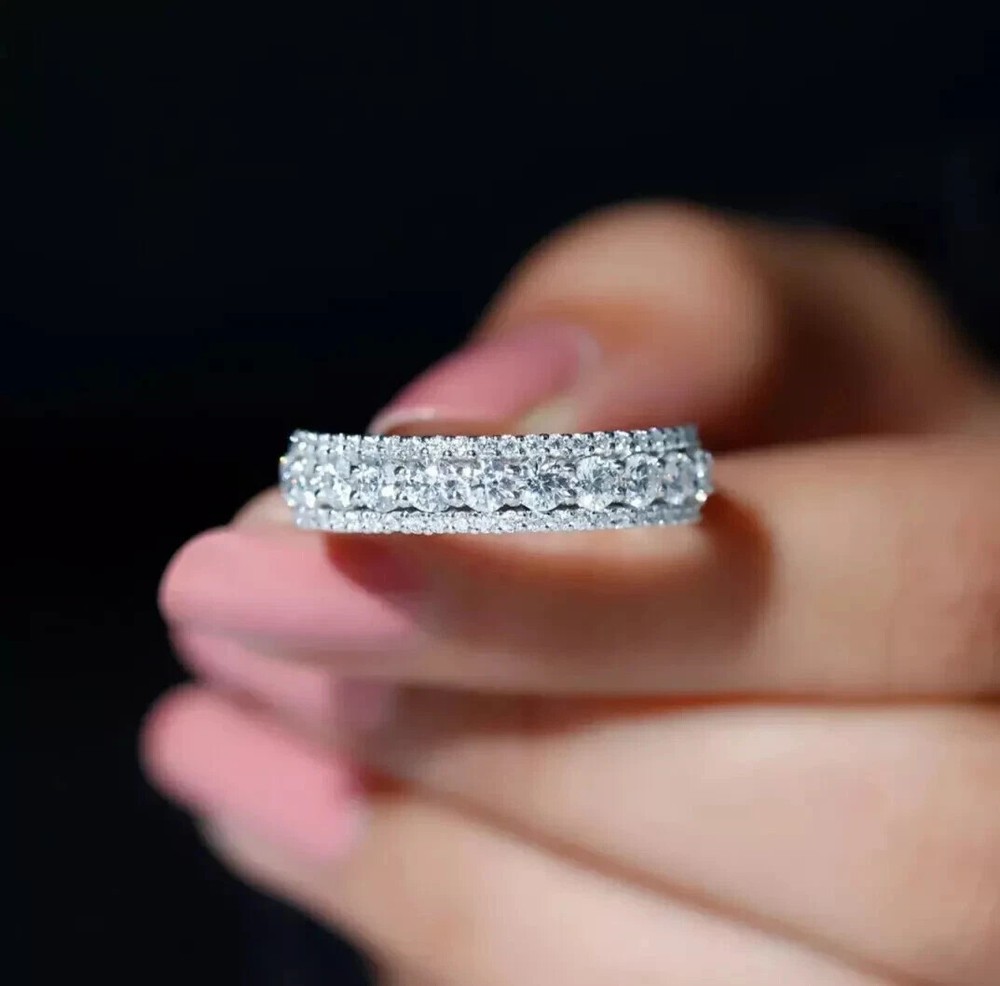 3mm Round Cut Moissanite Half Eternity Ring 14K White Gold Plated