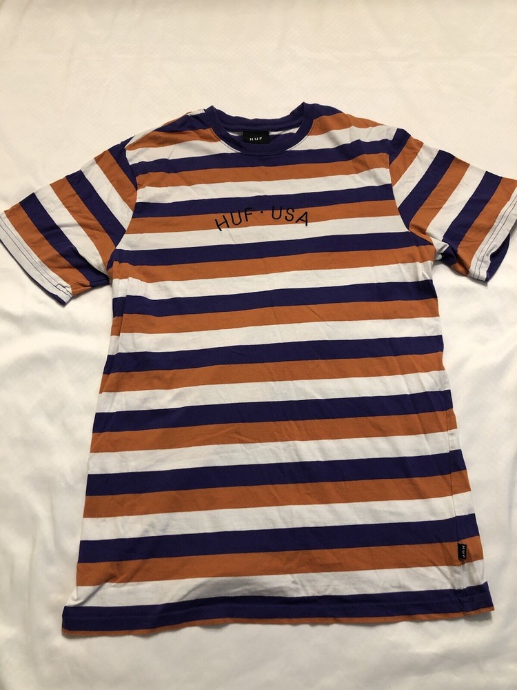 HUF USA Embroidered Logo Striped Tee in Purple Orange White - Size Large