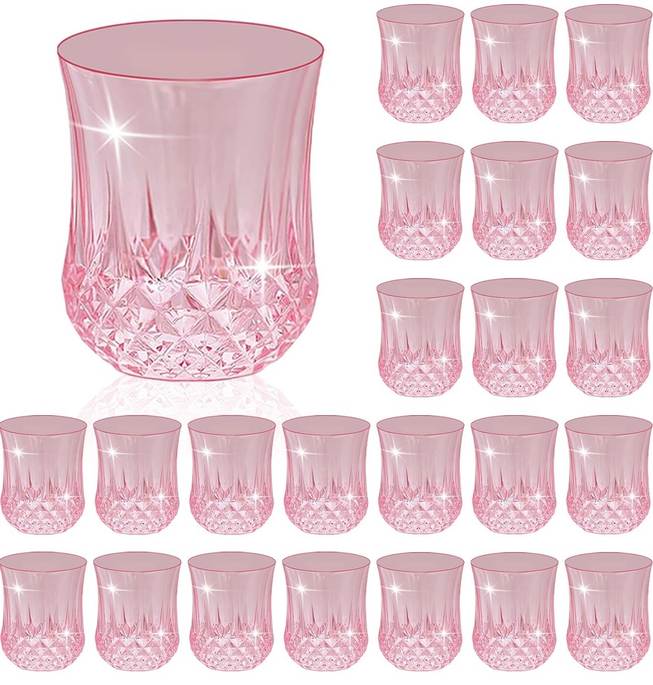 24-Piece Pink Shatterproof Stemless Wine Glasses 9oz Vintage Plastic Cups for Parties