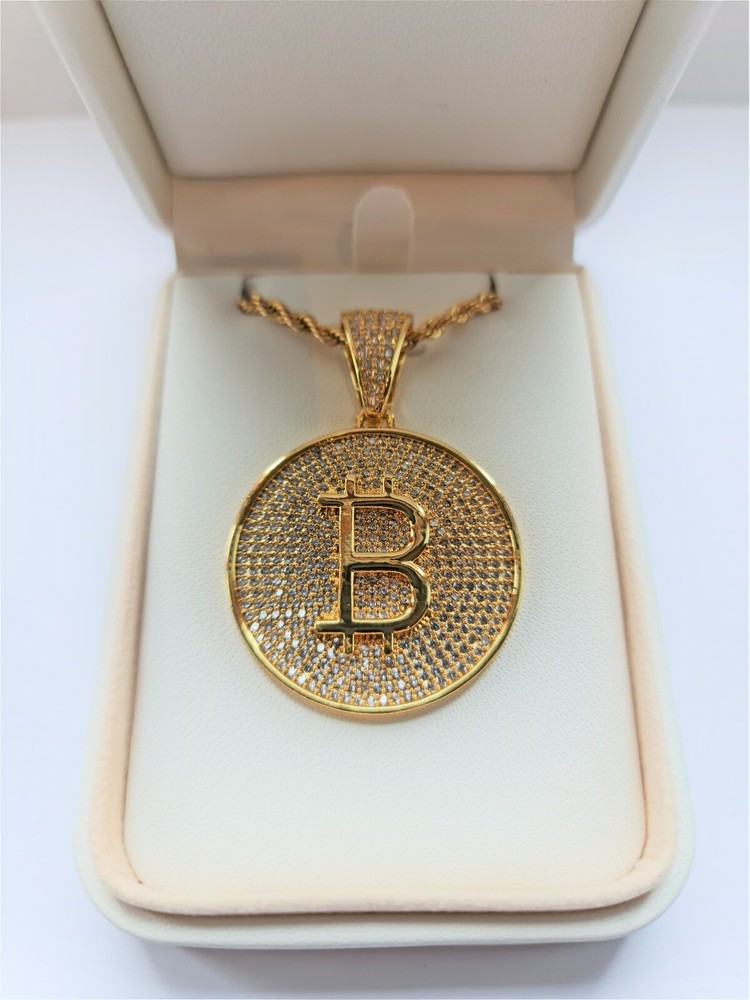 Bitcoin Cryptocurrency Pendant Necklace Gold Plated -Bitcoin B Large with Zircon-image
