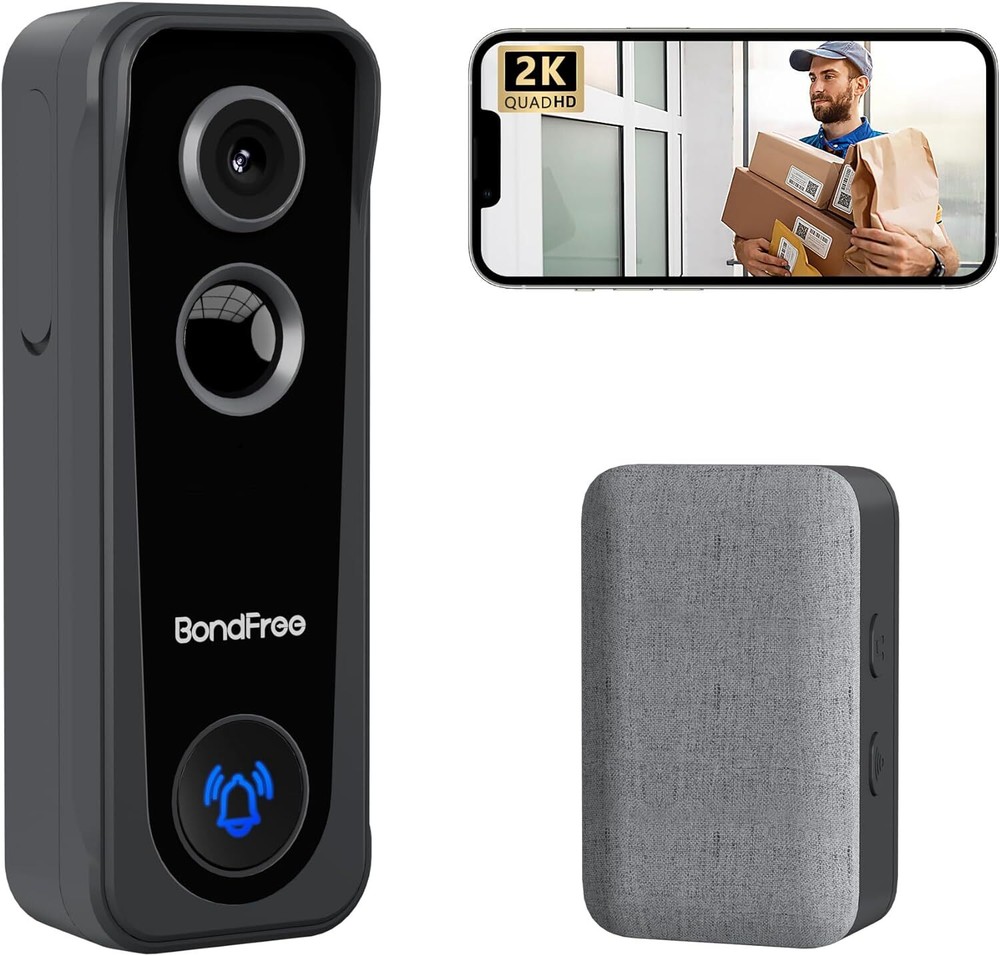 2K Video Doorbell Wireless, 2.4GWiFi, 2-Way Audio, Night Vision, Battery, Grey