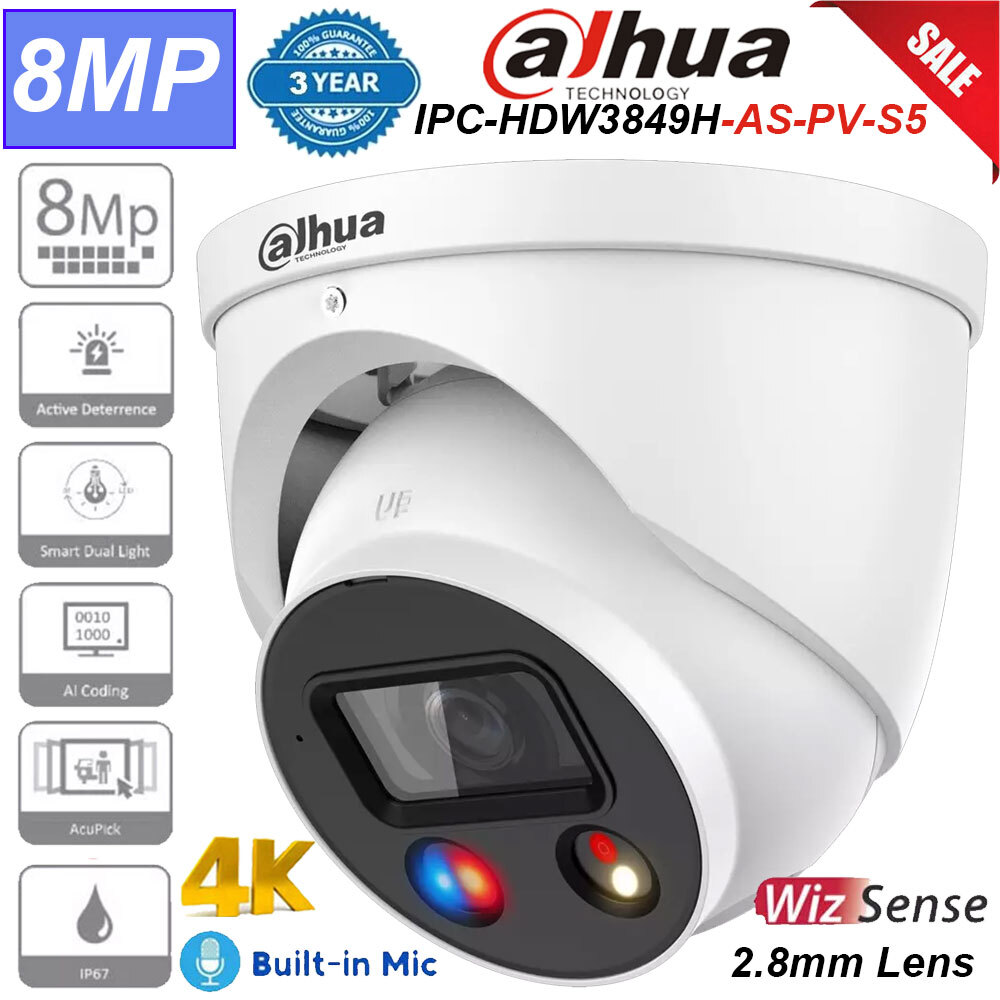 New! Dahua 4K 8MP Full-Color 2-Way Audio TiOC 3 PoE Camera IPC-HDW3849H-AS-PV-S5