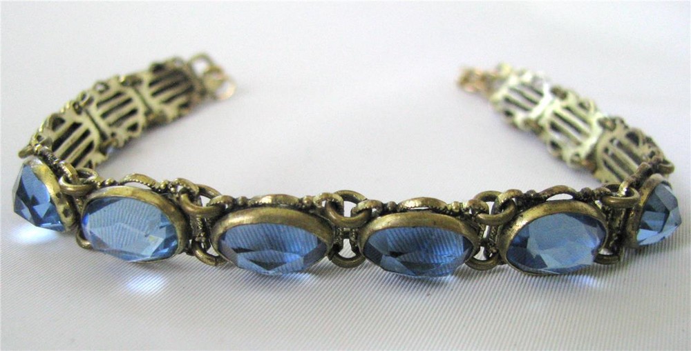 Antique Art Deco Czech Blue Vauxhall Mirror Glass Link Bracelet Vintage 7