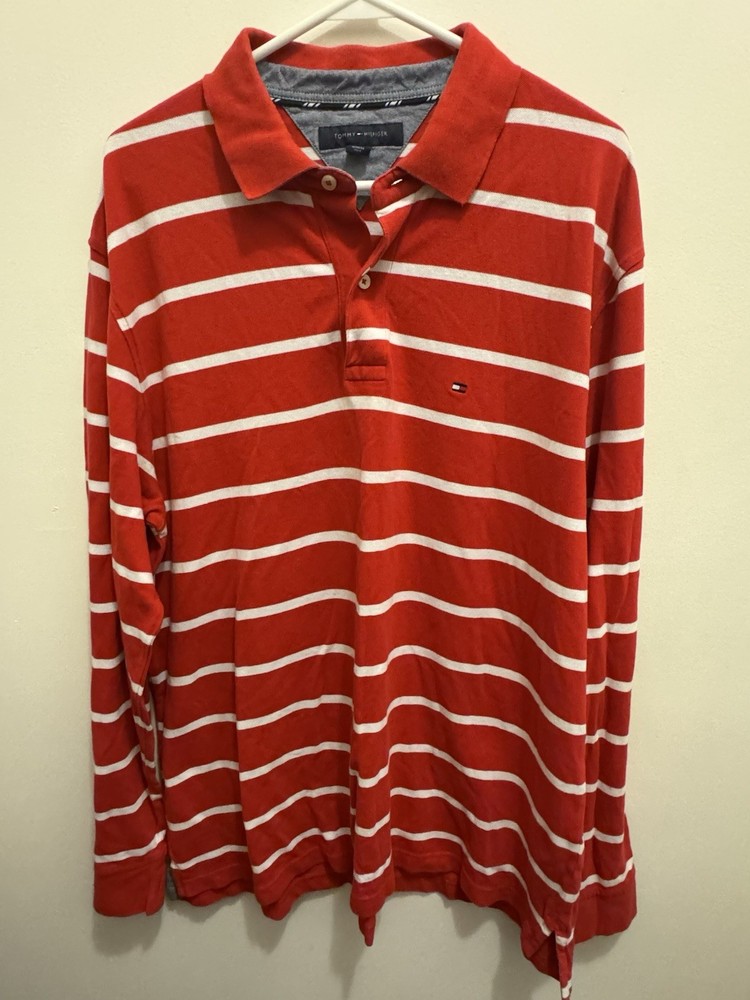Tommy Hilfiger Men's XL Red & White Striped Long Sleeve Cotton Polo Shirt