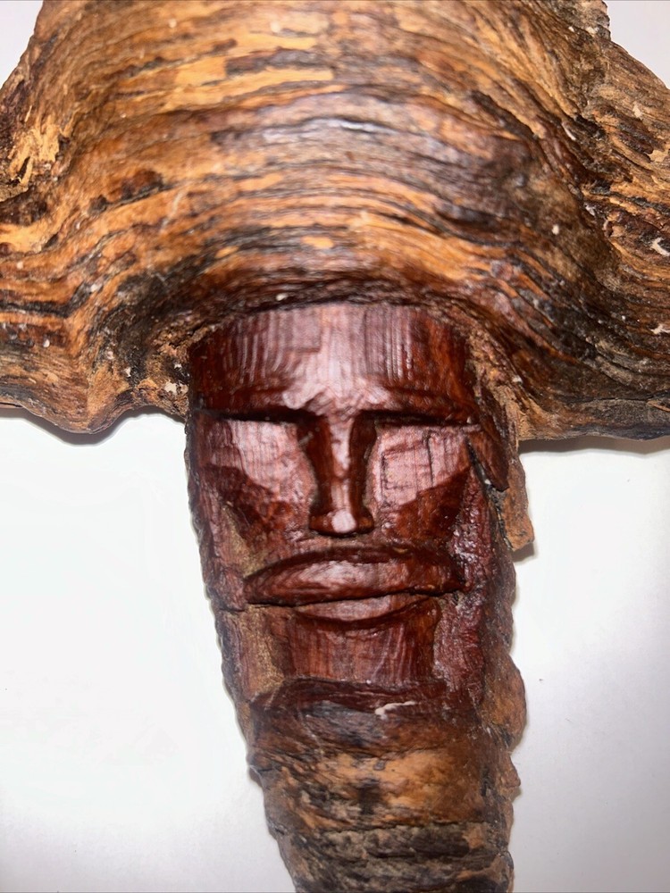 Wood Spirit Carving Forest Face Small Knot Head Sculpture Carved. 12H x 7 W