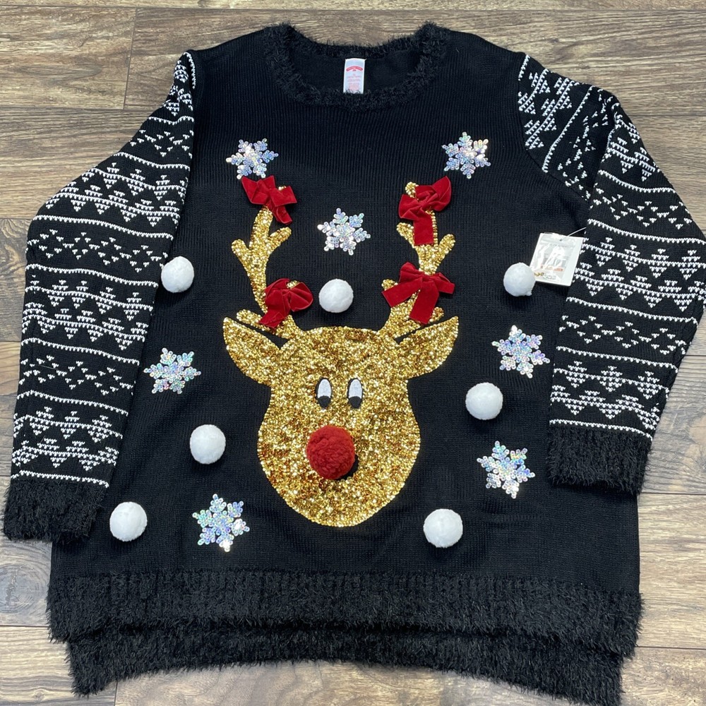 Womens Black & Gold Red Nose Reindeer Sequin Holiday Christmas Sweater 1X
