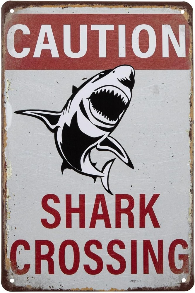 Vintage Shark Crossing Retro Metal Tin Sign Wall Decor