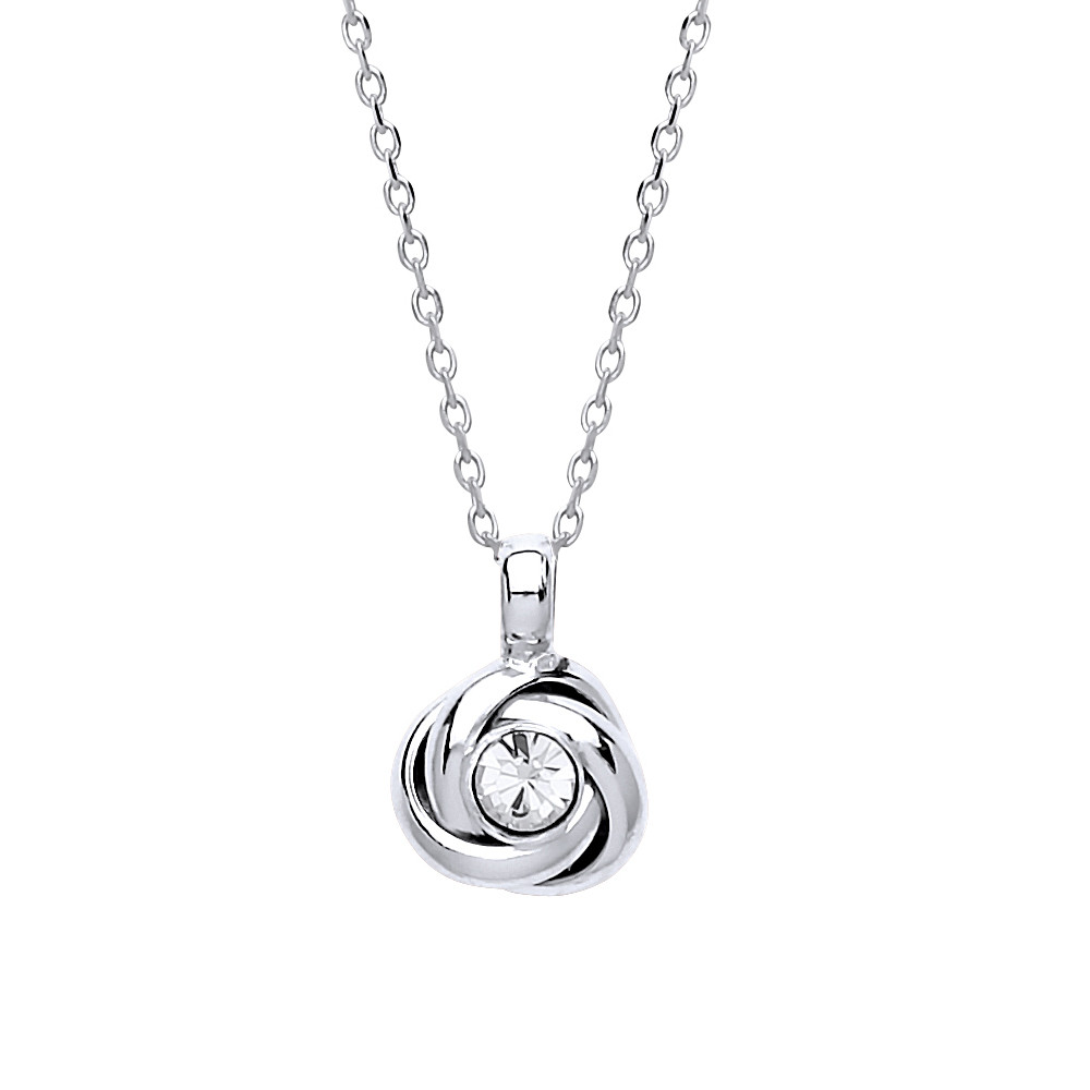 Silver Jewelco London CZ Spiral Knot Solitaire Charm Necklace 16 + 1 inch