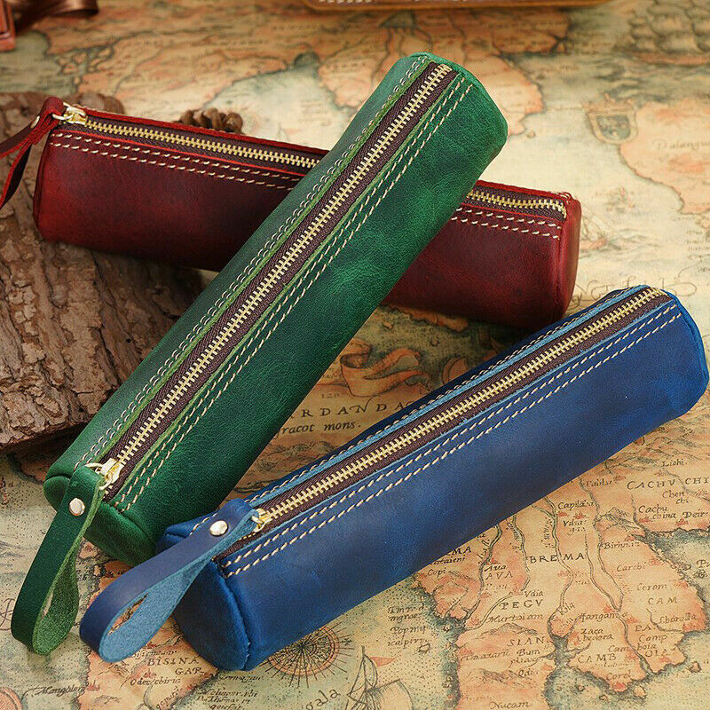 Genuine Leather Pen Pencil Case Office School Stationery Pen Storage Bag Holder