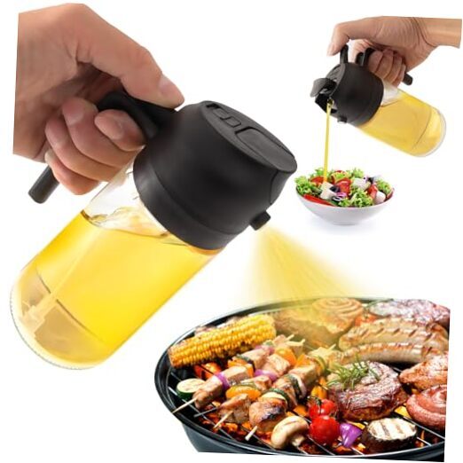 2 in 1 Glass Oil Sprayer & Dispenser, 470ml Glass Olive Oil Black