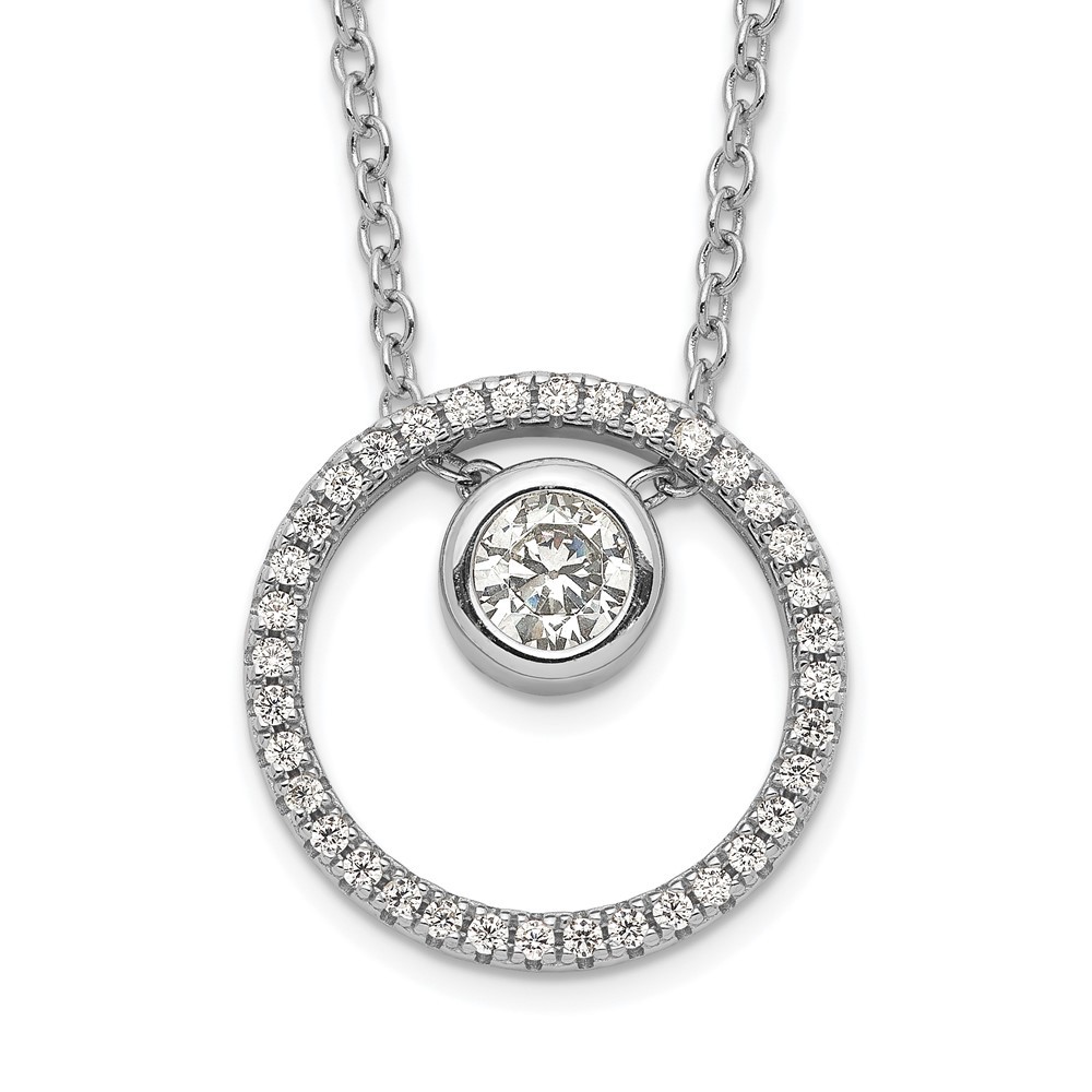 Sterling Silver Rhodium Plated CZ Circle Pendant Necklace 16 Inch with 1 Inch Extender