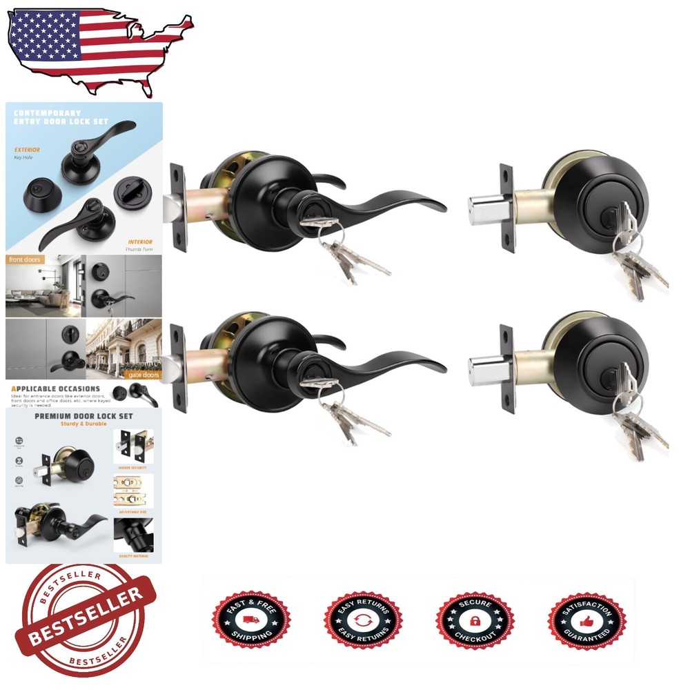 Matte Black 2-Pack Keyed Entry Lever and Deadbolt Lock Set for Front Door  