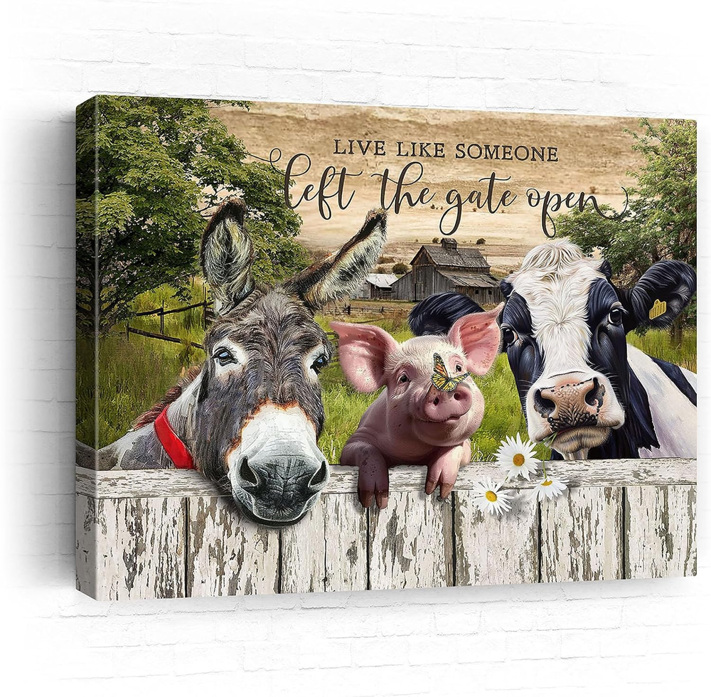 Farmhouse Animal Wall Art Canvas Painting Cow Pig Donkey Barn Decor