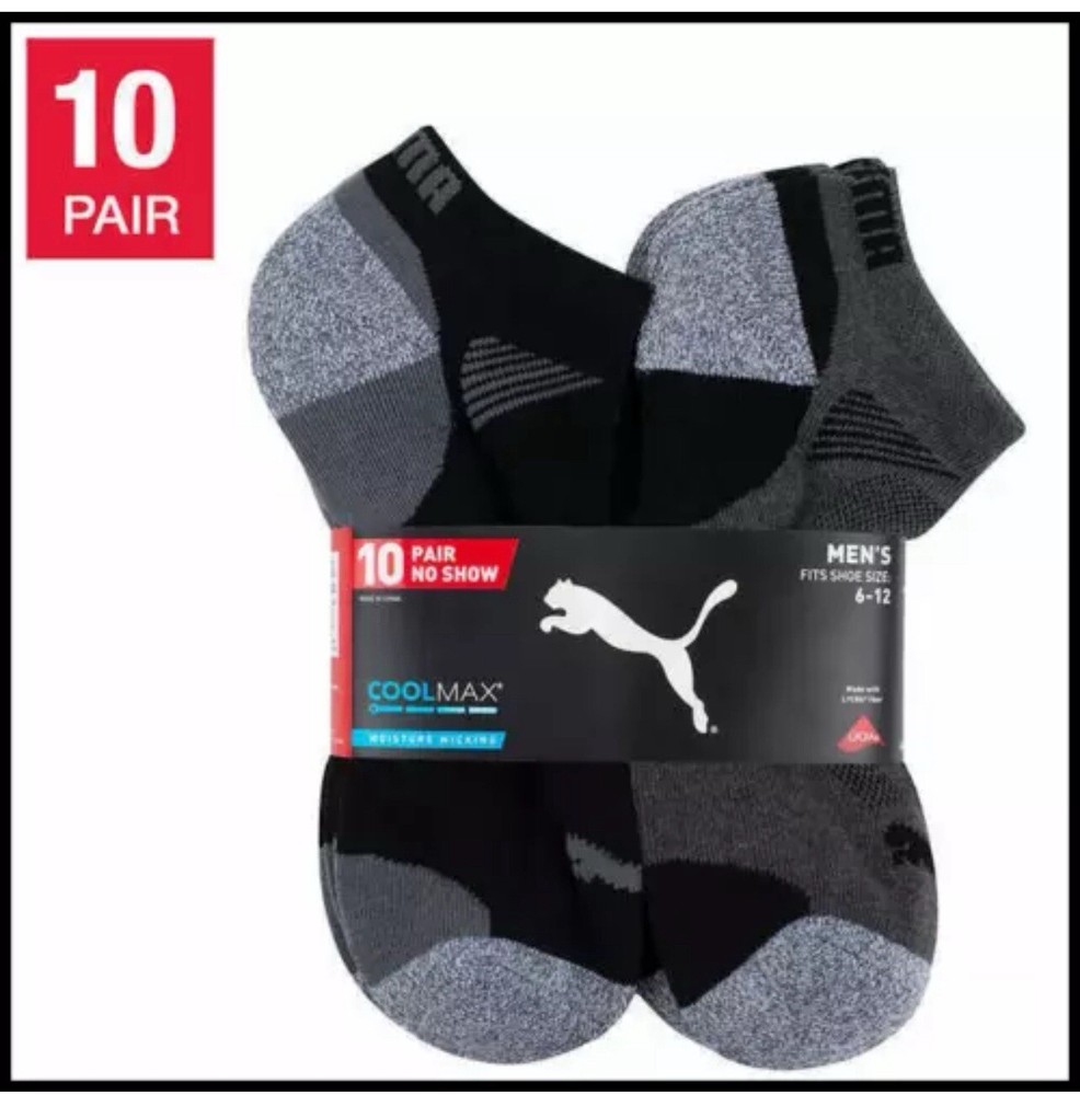 PUMA Men's Coolmax No Show Socks, 10-Pair, Moisture-Wicking, Arch Support