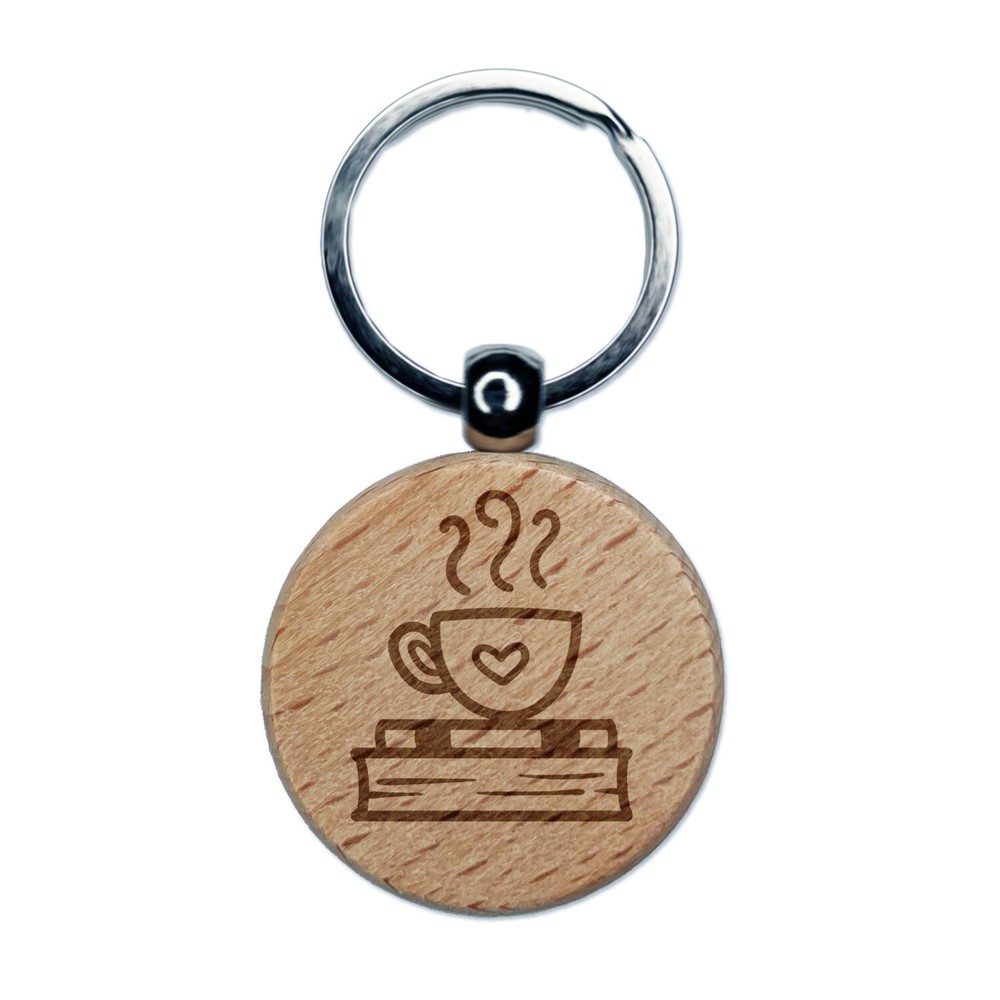 Coffee Sitting on Stack of Books Reading Engraved Wood Round Keychain Tag Charm