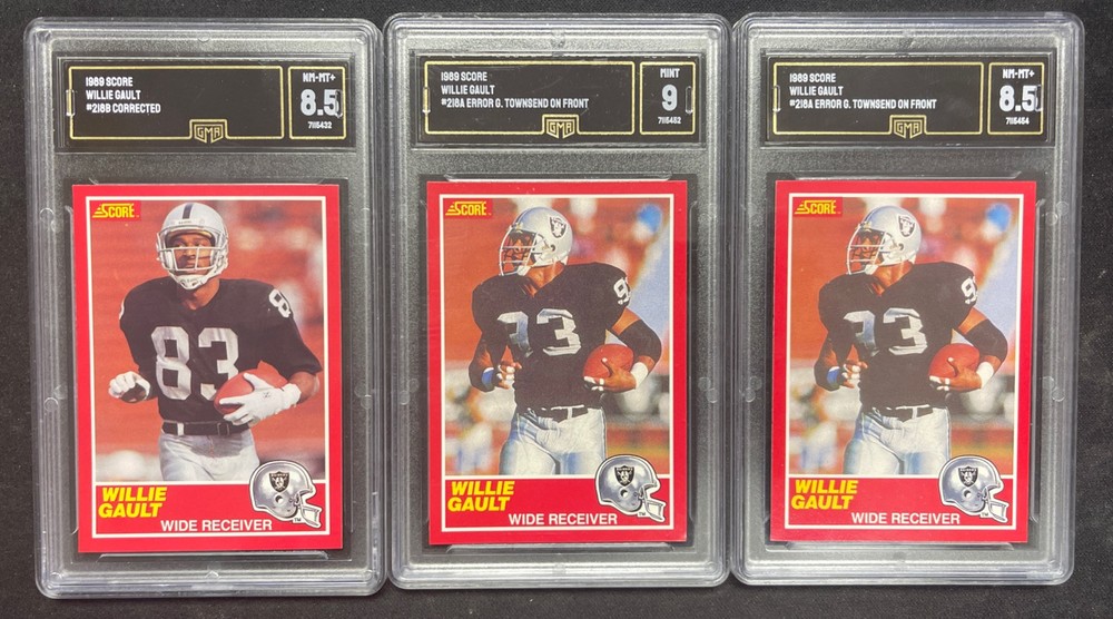1989 Score Willie Gault 3-Card Lot GMA 9 8.5 8.5 Mint Error