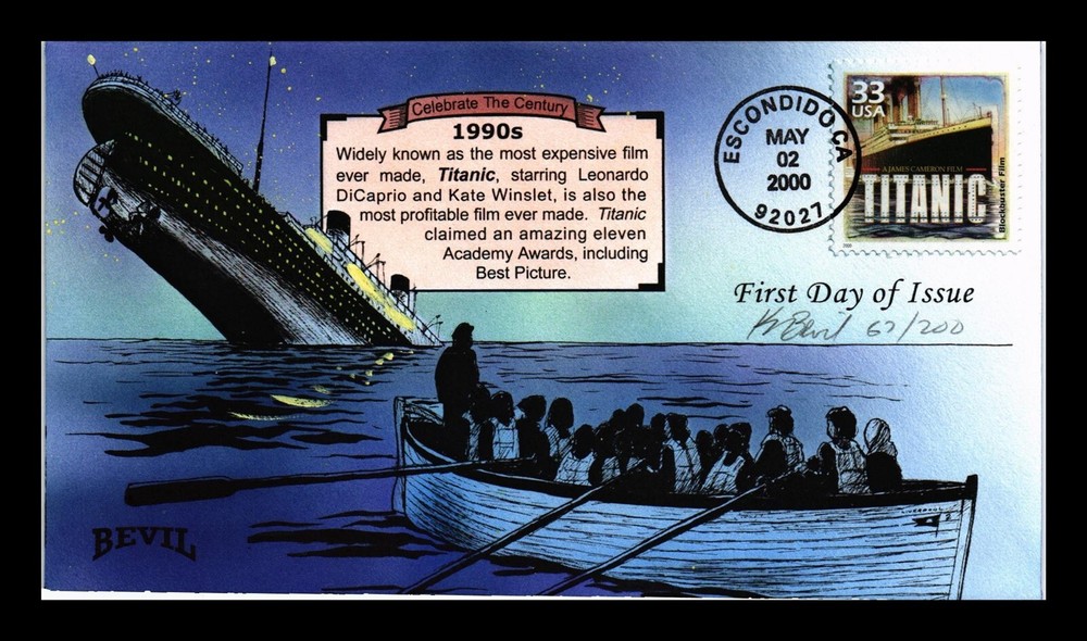 DR JIM STAMPS US COVER TITANIC FILM CELEBRATE CENTURY FDC BEVIL HAND PAINTED