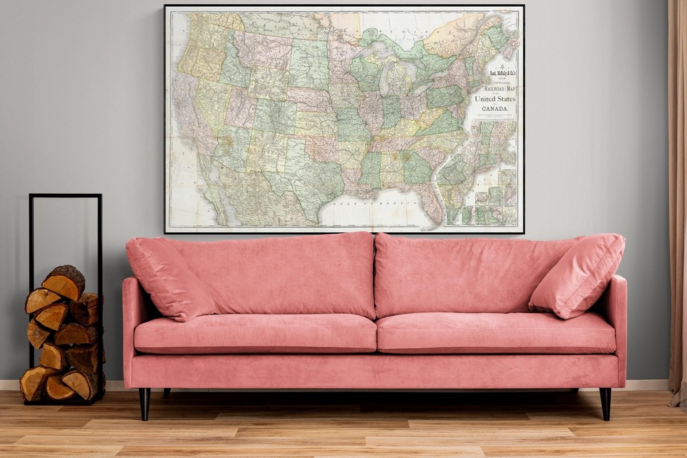 1880 Railroad Map of the United States American Train Travel Decor Print Poster