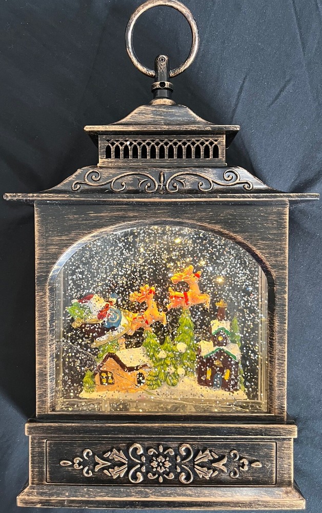 Bronze Santa in Sleigh Musical Lighted Water Lantern Snow Globe  