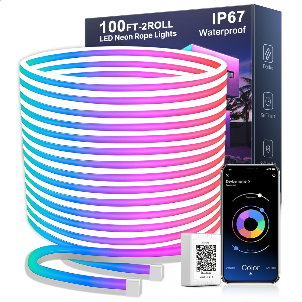 100FT Neon LED Rope Lights IP67 Waterproof LED Lights for Bedroom Flexible LE...