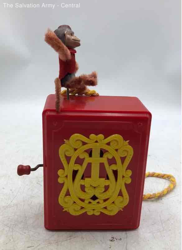 Vintage Mid Century Red Yellow Monkey Musical Box Wind-Up Toy