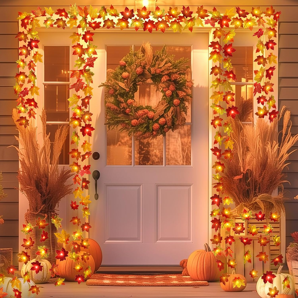 2 Pack Fall Decorations: 20ft Maple Leaf Lights Garland, 40 LED!