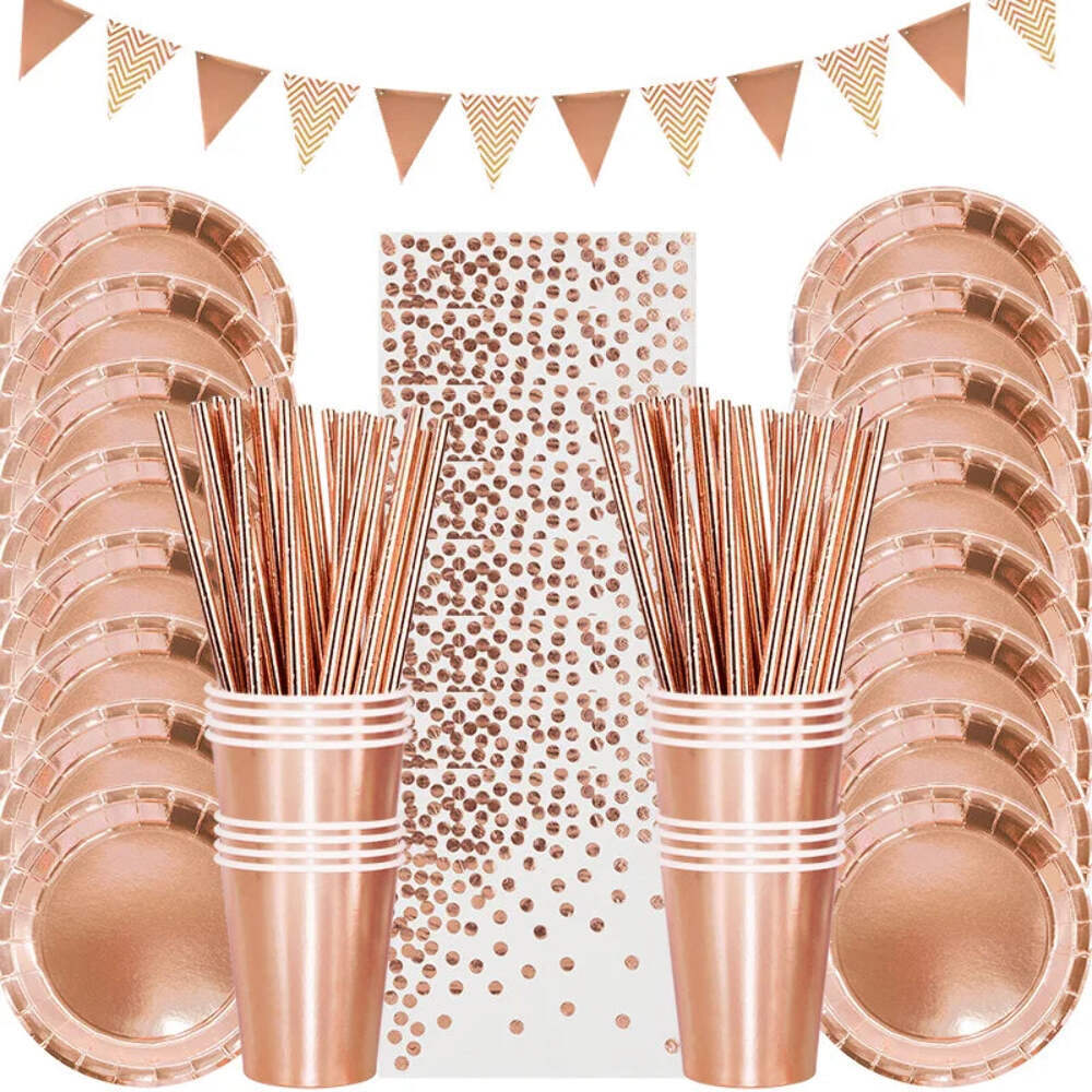 Rose Gold Party Disposable Tableware Set Paper Plate Cup Kids Adult Birthday Wed