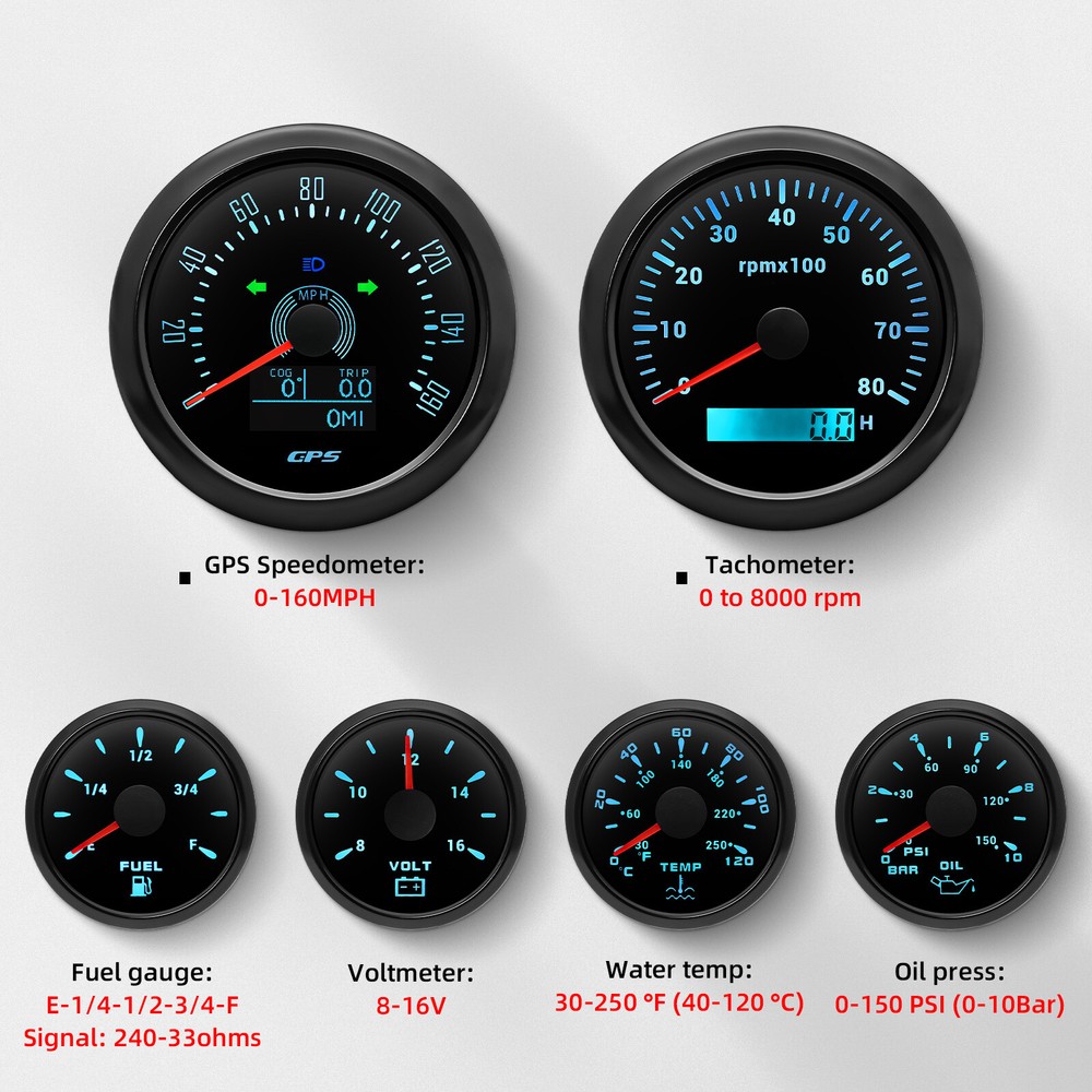 85mm 6-Gauge Set with GPS Speedometer Tachometer Fuel Temp Oil Press Volt
