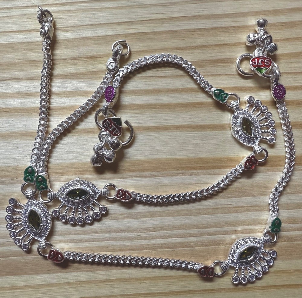 PAIR STERLING SILVER payal red green meena crystals BELL ANKLET BOLLYWOOD INDIA-image