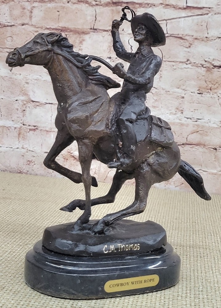 Bronze Sculpture Western Cowboy Rider Horse Figurine Statue Room Collect Gift