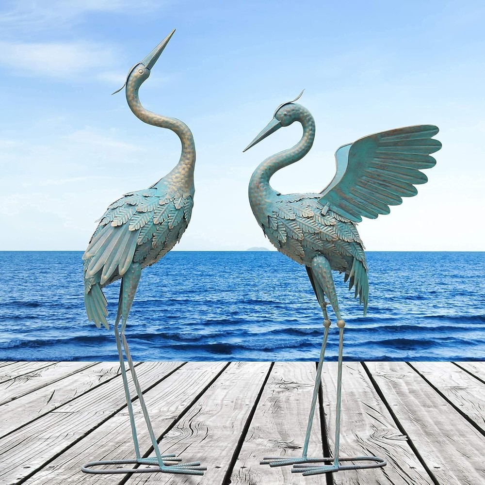 Vintage Metal Crane Garden Statue with Spread Wings Pair