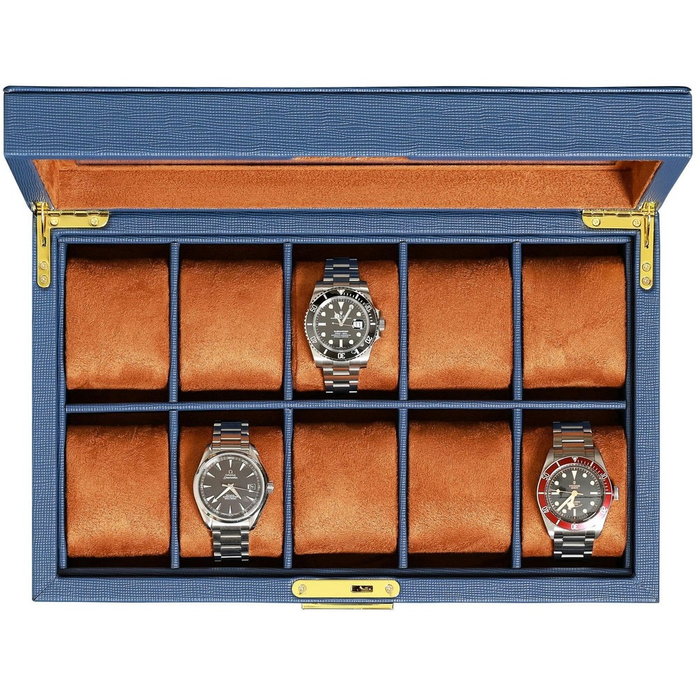 10 Slot Leather Watch Box - Luxury Case Display Jewelry Organizer - Locking W...