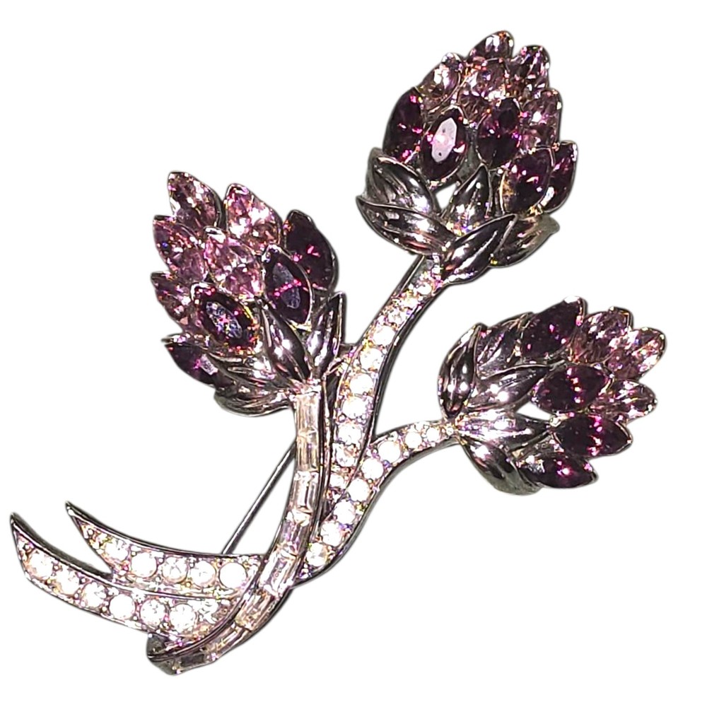 Signed Nolan Miller Pink Purple Rhinestone Flower Brooch Vintage Silver Tone Pin
